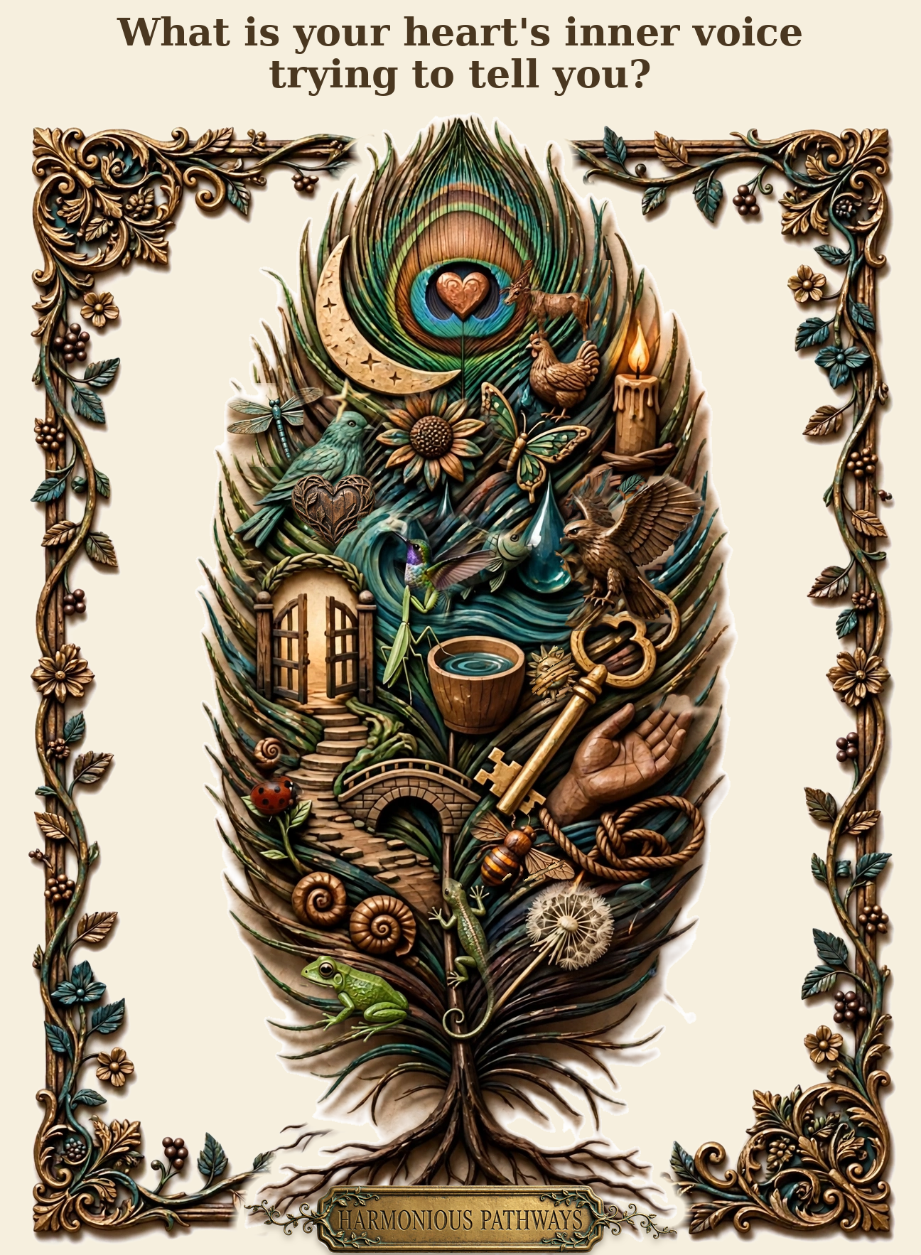 A carved antique peacock feather filled with hidden shapes